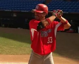 A Player in a Red Color Top With a Bat