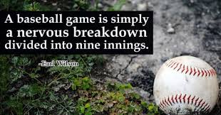A baseball on grass with a quote about the game's innings.