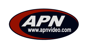 The white logo of APN Video in black and red background