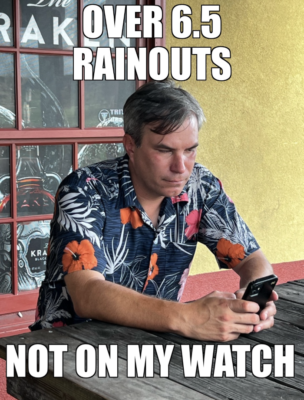 Man in a floral shirt looking at his smartphone at a table outside a cafe, with overlaid text about rainouts.