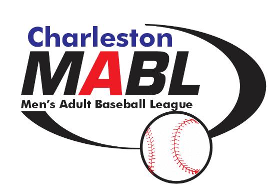 Logo of charleston mabl, featuring the words "charleston mabl men's adult baseball league" with a stylized baseball on the right.