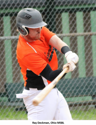 Baseball player swinging bat during game.