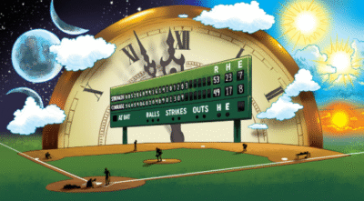 Baseball field with clock and scoreboard illustration.