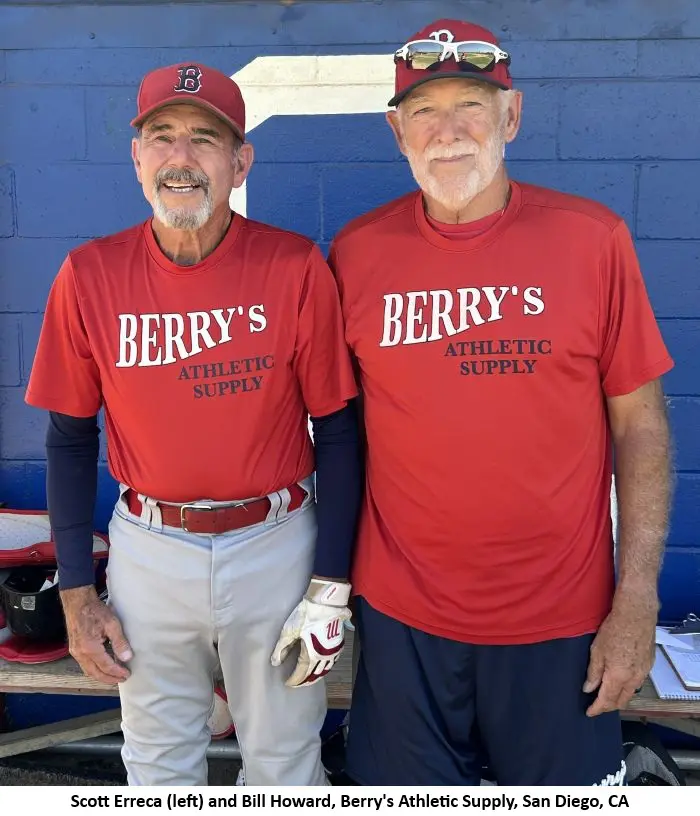 Two men in matching red athletic shirts.